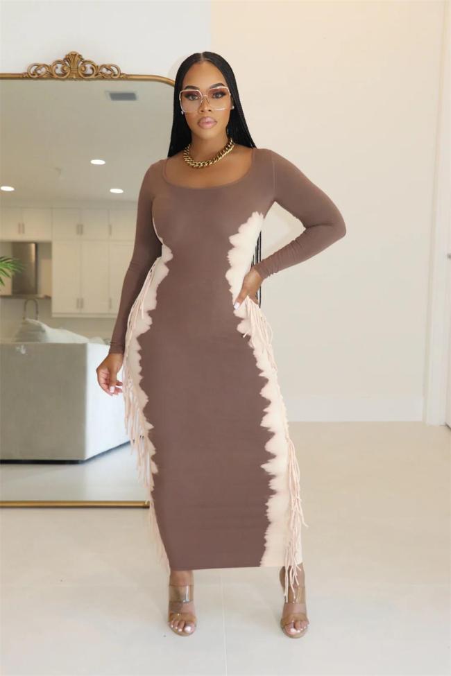 Khaki Long Sleeve Patchwork Tassels Bodycon Party Women Midi Dress