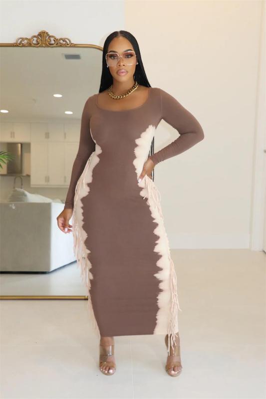 Khaki Long Sleeve Patchwork Tassels Bodycon Party Women Midi Dress