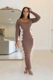 Khaki Long Sleeve Patchwork Tassels Bodycon Party Women Midi Dress