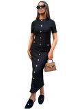 Black Short Sleeve Cotton Button Pleated Knitted Women Going Out Midi Dress