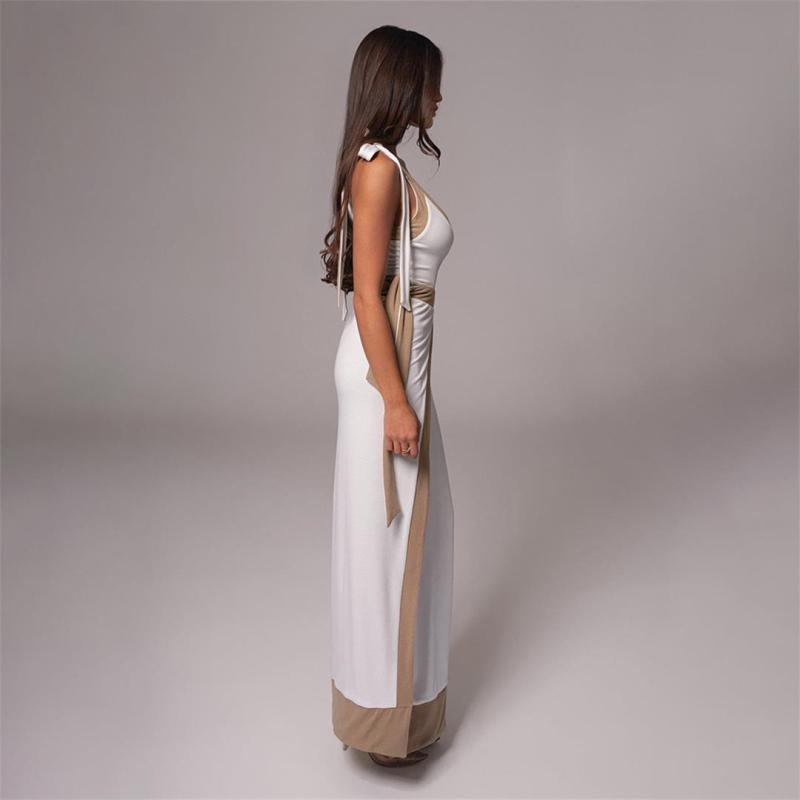White Strapless V Neck Crop Tops Patchwork Bandage Slit Party Street Maxi Dress