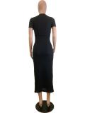 Black Short Sleeve Cotton Button Pleated Knitted Women Going Out Midi Dress