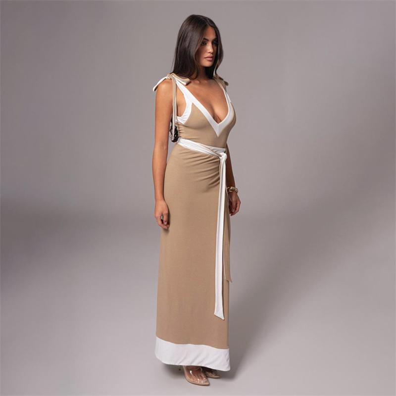 Khaki Strapless V Neck Crop Tops Patchwork Bandage Slit Party Street Maxi Dress