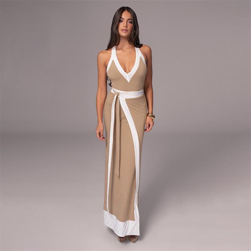 Khaki Strapless V Neck Crop Tops Patchwork Bandage Slit Party Street Maxi Dress