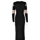 Black Hollow Out Mesh Long Sleeve See Through Bandage Party Midi Dress