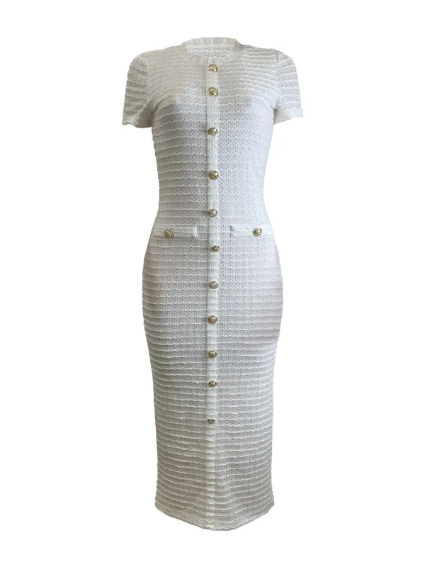 White Short Sleeve Cotton Button Pleated Knitted Women Going Out Midi Dress