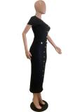 Black Short Sleeve Cotton Button Pleated Knitted Women Going Out Midi Dress