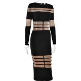 Black Hollow Out Mesh Long Sleeve See Through Bandage Party Midi Dress