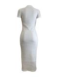 White Short Sleeve Cotton Button Pleated Knitted Women Going Out Midi Dress