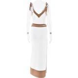 White Strapless V Neck Crop Tops Patchwork Bandage Slit Party Street Maxi Dress