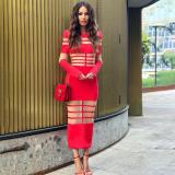 Red Hollow Out Mesh Long Sleeve See Through Bandage Party Midi Dress