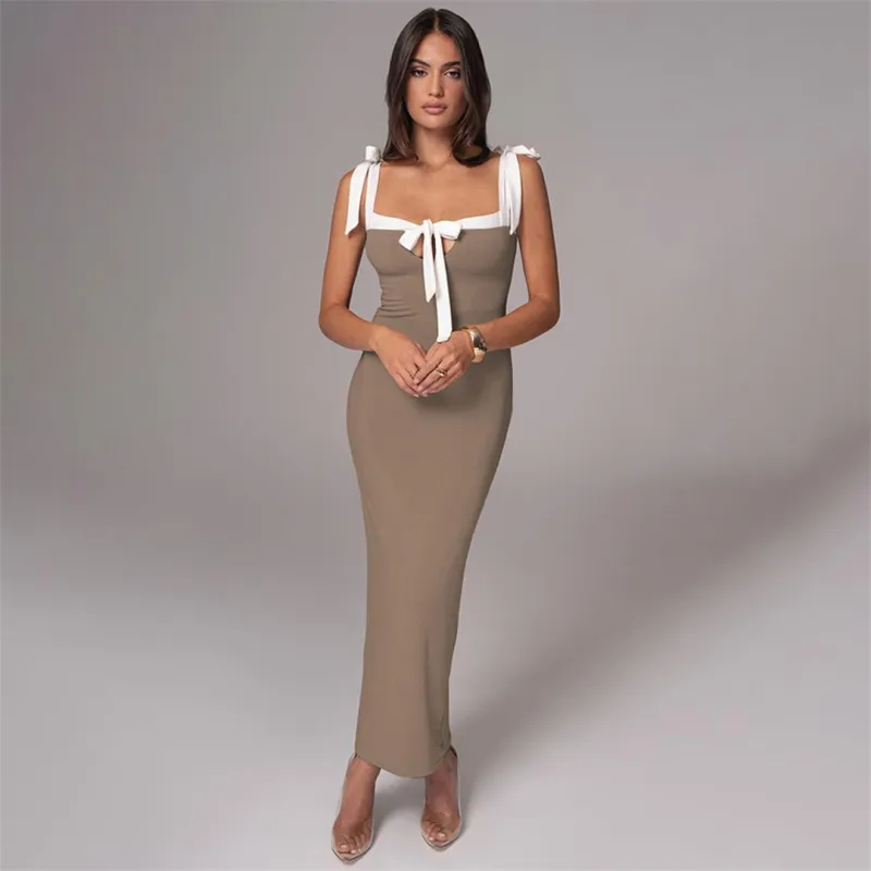 Khaki Straps Low Cut Sleeveless Pleated Women Evening Party Sexy Midi Dress
