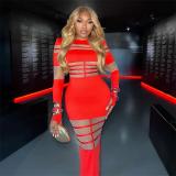Red Hollow Out Mesh Long Sleeve See Through Bandage Party Midi Dress