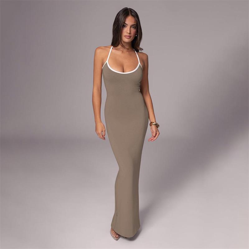 Khaki Halter Low Cut Sleeveless Sexy Women Streetwear Party Dance Maxi Dress