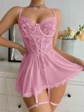 Pink Seductive Lace Bra and Panty Garter Set – Transparent Erotic Lingerie