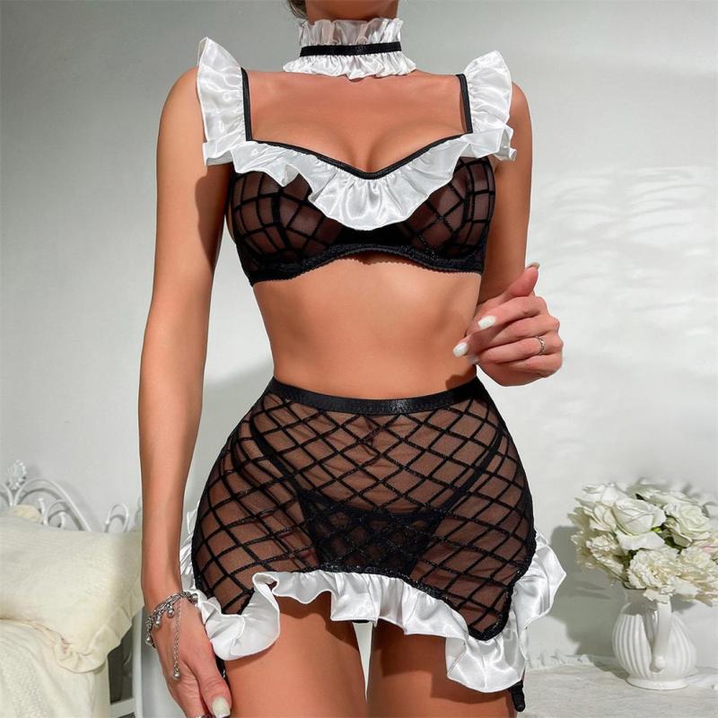 Black See-Through Mesh Housemaid Outfit Three-Piece Set Lingerie