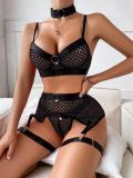 Black Metal Rings Nets Mesh Sexy Women Erotic Bra & Brief Sets Lingerie