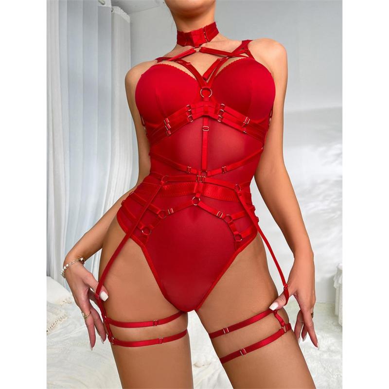 Red Mesh Bandage Sexy Nights Women Body Suits Lingerie