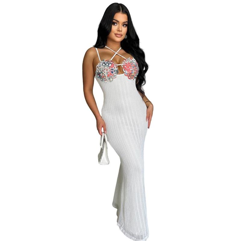 White Straps V Neck Snatched Printed Rhinestone Bra Knitted Casual Maxi Dress