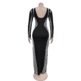 Black Long Sleeve Diamonds Backless Bodycon Slit Prom Party Midi Dress 004