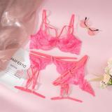 Pink Red Lace Hollow Out Sexy 3PCS Bra & Briefs Lingerie Sets