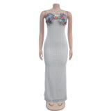 White Straps V Neck Snatched Printed Rhinestone Bra Knitted Casual Maxi Dress