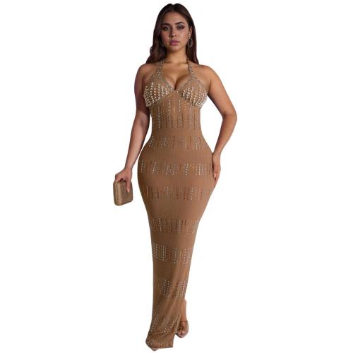 Beige Chic Women's Lace Hot Diamond Deep V Sleeveless Dress