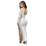 White Long Sleeve Diamonds Backless Bodycon Slit Prom Party Midi Dress 005