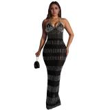 Black Chic Women's Lace Hot Diamond Deep V Sleeveless Dress