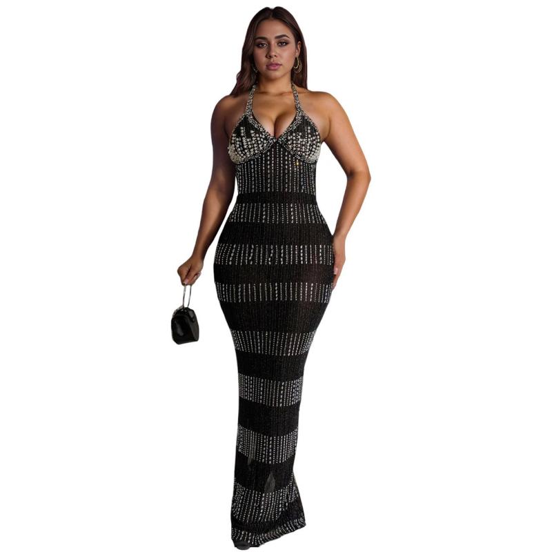 Black Chic Women's Lace Hot Diamond Deep V Sleeveless Dress