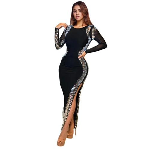 Black Long Sleeve Diamonds Backless Bodycon Slit Prom Party Midi Dress 004