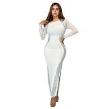 White Long Sleeve Diamonds Backless Bodycon Slit Prom Party Midi Dress 005