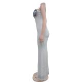 White Straps V Neck Snatched Printed Rhinestone Bra Knitted Casual Maxi Dress