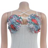White Straps V Neck Snatched Printed Rhinestone Bra Knitted Casual Maxi Dress