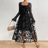 Black Mesh Long Sleeve Lace Hollow Out Lining Velvet Bodycon Formal Maxi Dress