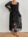 Black Mesh Long Sleeve Lace Hollow Out Lining Velvet Bodycon Formal Maxi Dress