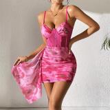 Rose Red Mesh Strapless Printed Corset Pleated Club Mini Dress
