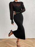 Black Mesh Long Sleeve Pleated Women Fishtail Hem Midi Dress