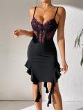 Black Strapless V Neck Lace Pleated Bodycon Ruffles Midi Dress
