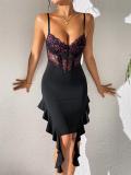 Black Strapless V Neck Lace Pleated Bodycon Ruffles Midi Dress