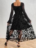 Black Mesh Long Sleeve Lace Hollow Out Lining Velvet Bodycon Formal Maxi Dress