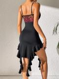 Black Strapless V Neck Lace Pleated Bodycon Ruffles Midi Dress