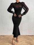 Black Mesh Long Sleeve Pleated Women Fishtail Hem Midi Dress