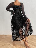 Black Mesh Long Sleeve Lace Hollow Out Lining Velvet Bodycon Formal Maxi Dress