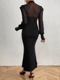 Black Mesh Long Sleeve Pleated Women Fishtail Hem Midi Dress
