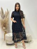 Black Short Sleeve Lace Embroidered Cut Out Prom Fashion Casual Midi Skirt Dress