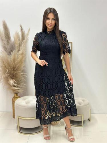 Black Short Sleeve Lace Embroidered Cut Out Prom Fashion Casual Midi Skirt Dress