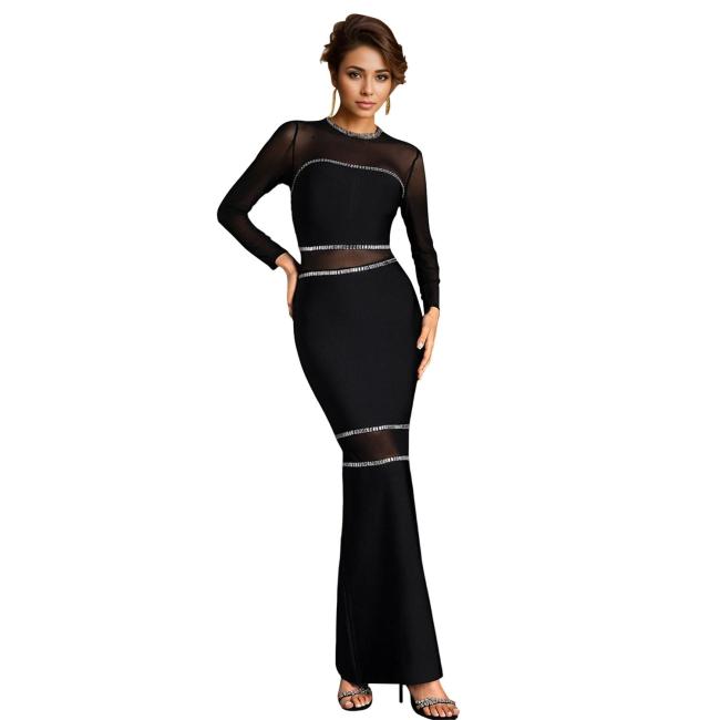 Black Chic Mesh Long Sleeve Diamonds See Through Luxury Formal Maxi Dress