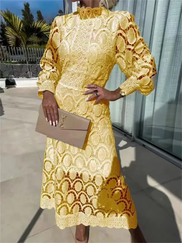 Yellow Short Sleeve Lace Embroidered Cut Out Prom Fashion Casual Midi Skirt Dress