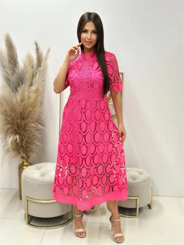 Rose Red Short Sleeve Lace Embroidered Cut Out Prom Fashion Casual Midi Skirt Dress